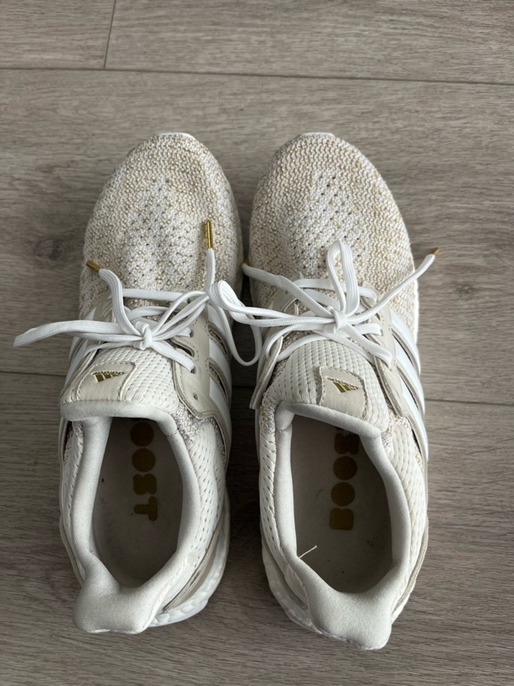 adidas Women's Cream Knit Sneakers with White Laces and Gold Accents